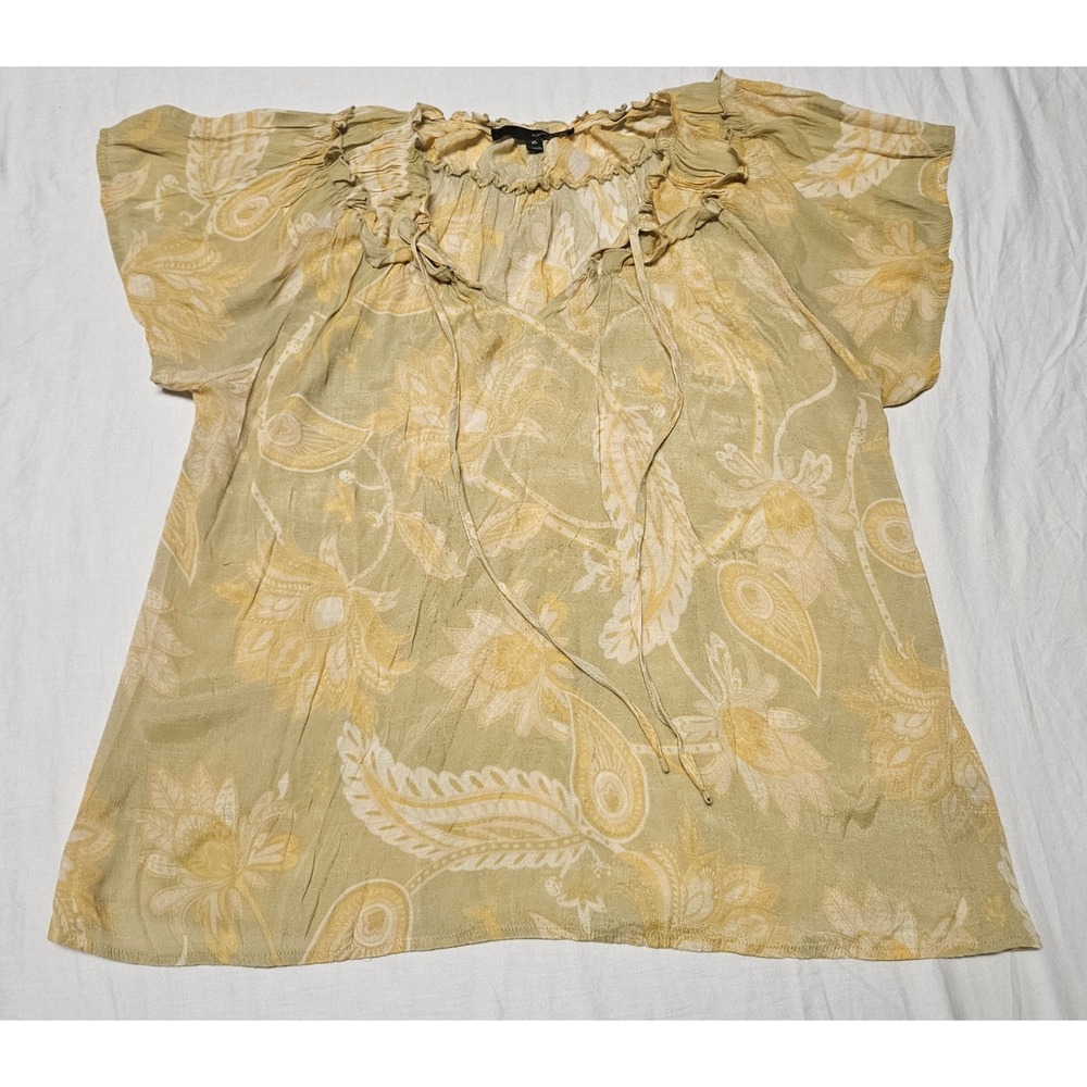 Harve Benard Blouse Womens XL Yellow Paisley‎ Floral Ruffle Neck Flutter Sleeve
